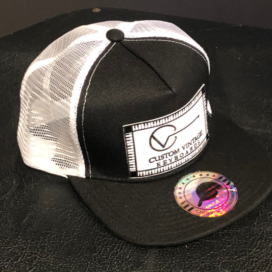 Custom Vintage Keyboards flat bill trucker hat in black and white