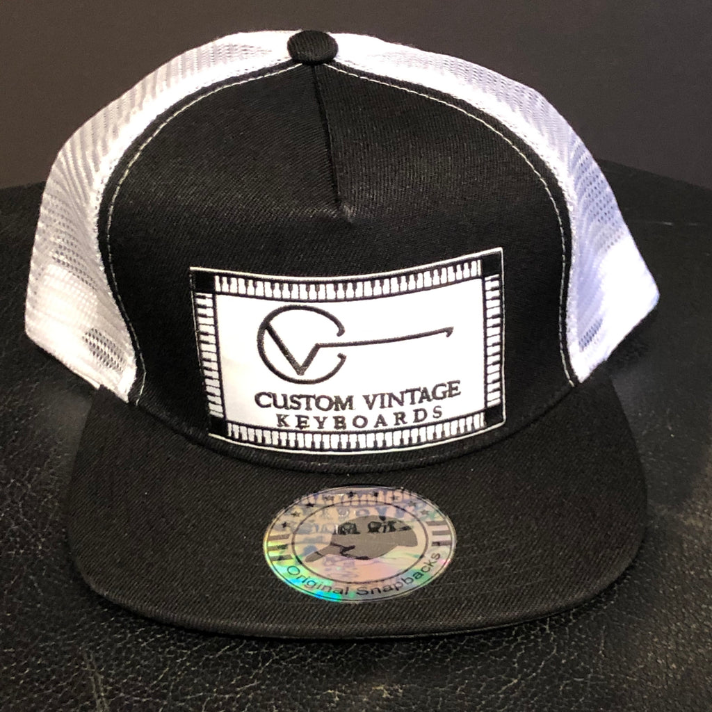 Custom Vintage Keyboards flat bill trucker hat in black and white